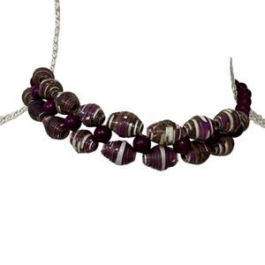 Purple Brown Wood Bead Stretch Necklace Choker Funky Artsy Jewelry